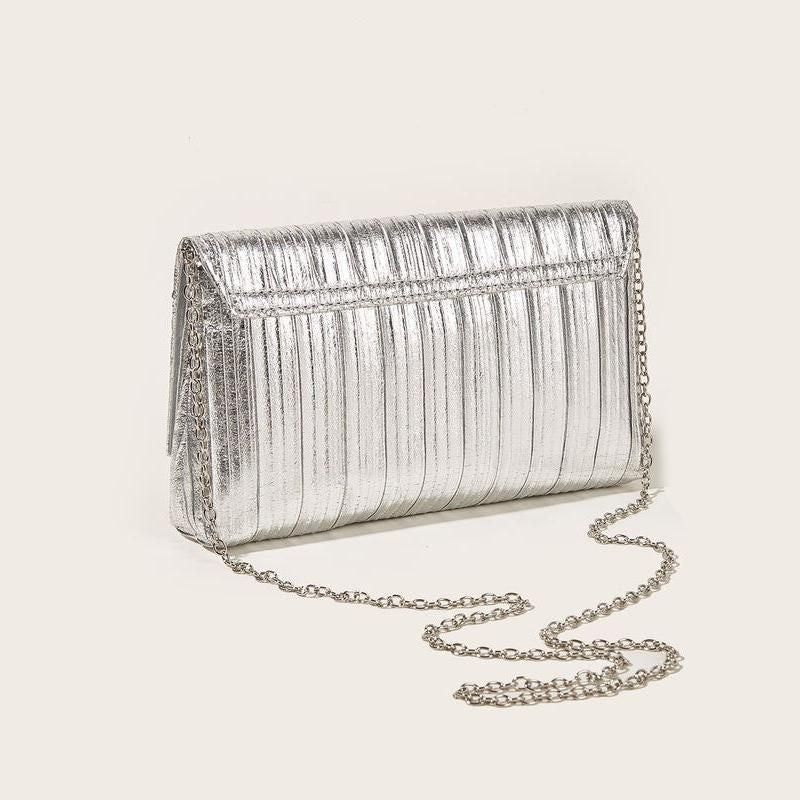 Shiny Silver Vegan Leather Evening Bag with Chain Strap
