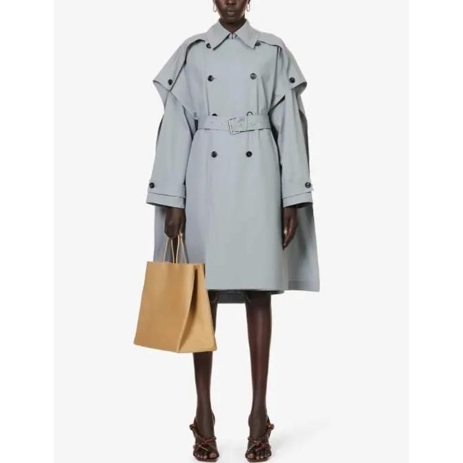 Gray Blue Bat Sleeve Trench Coat with Double Breasted Design