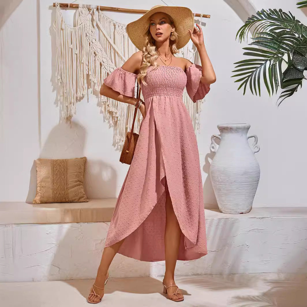 Sexy Off-shoulder Slit Dress Summer Fashion Pleated Ruffle Long Dresses For Beach Womens Clothing