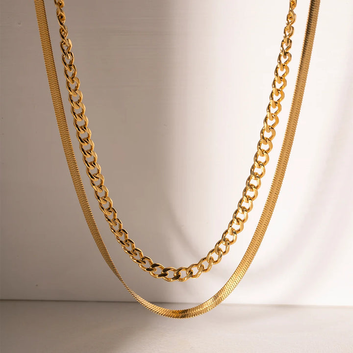 18K Gold Plated Stainless Steel Double Layer Cuban Chain Necklace