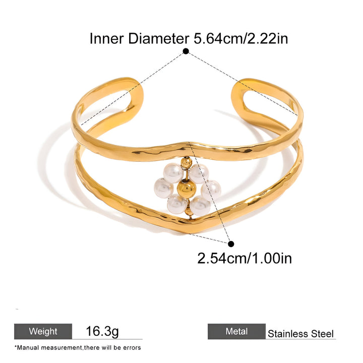 18K Gold Plated Imitation Pearl Flower Double Layer Cuff Bracelet for Women