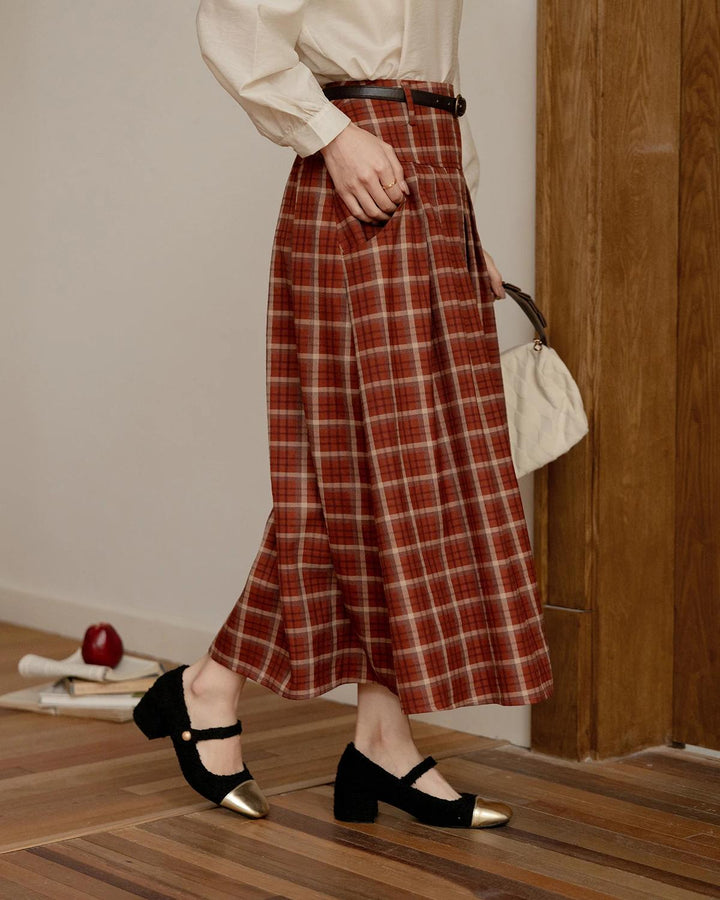 Red Plaid Pleated Midi Skirt for Women