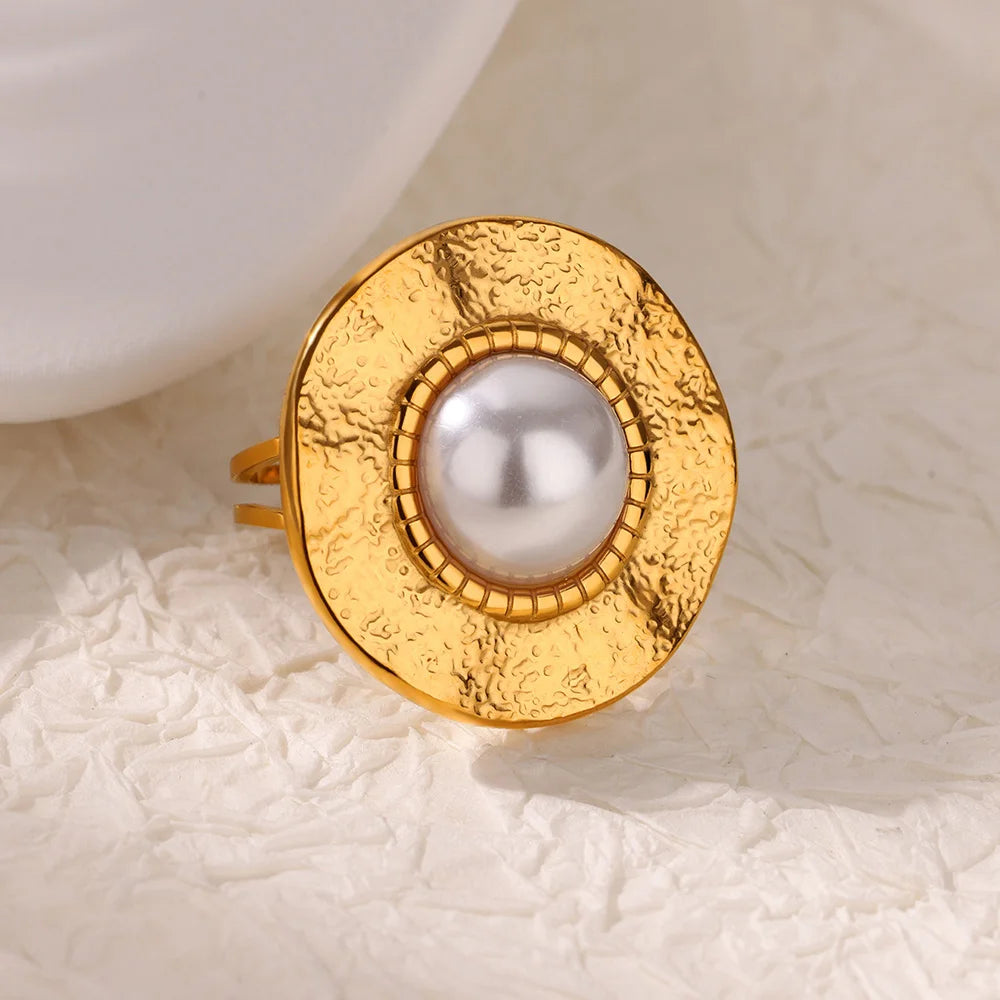 Elegant Gold-Tone Imitation Pearl Rings – Trendy Round Engagement & Statement Jewelry