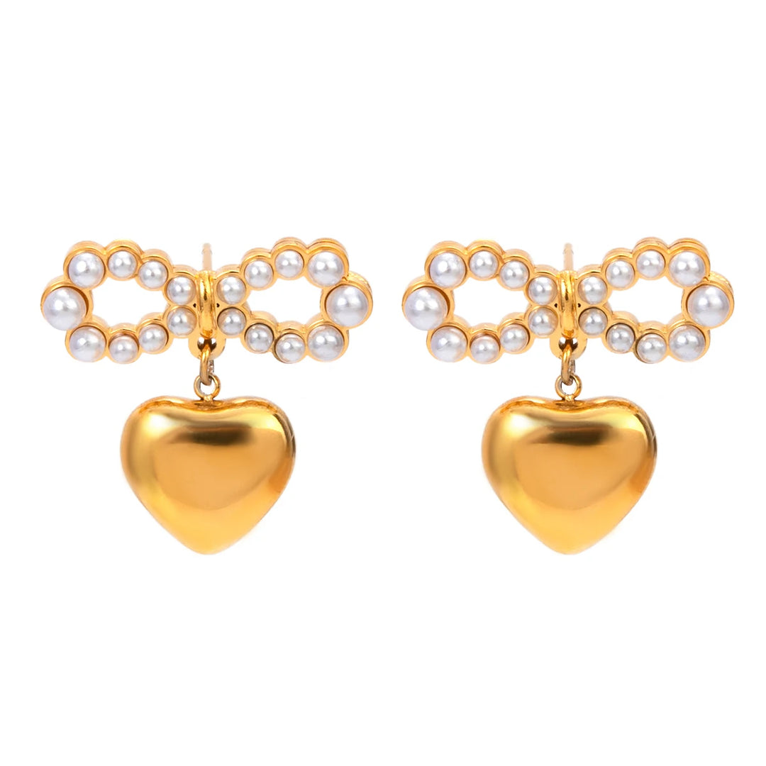 Elegant 18K Gold Plated Pearl Bowknot Heart Pendant Earrings