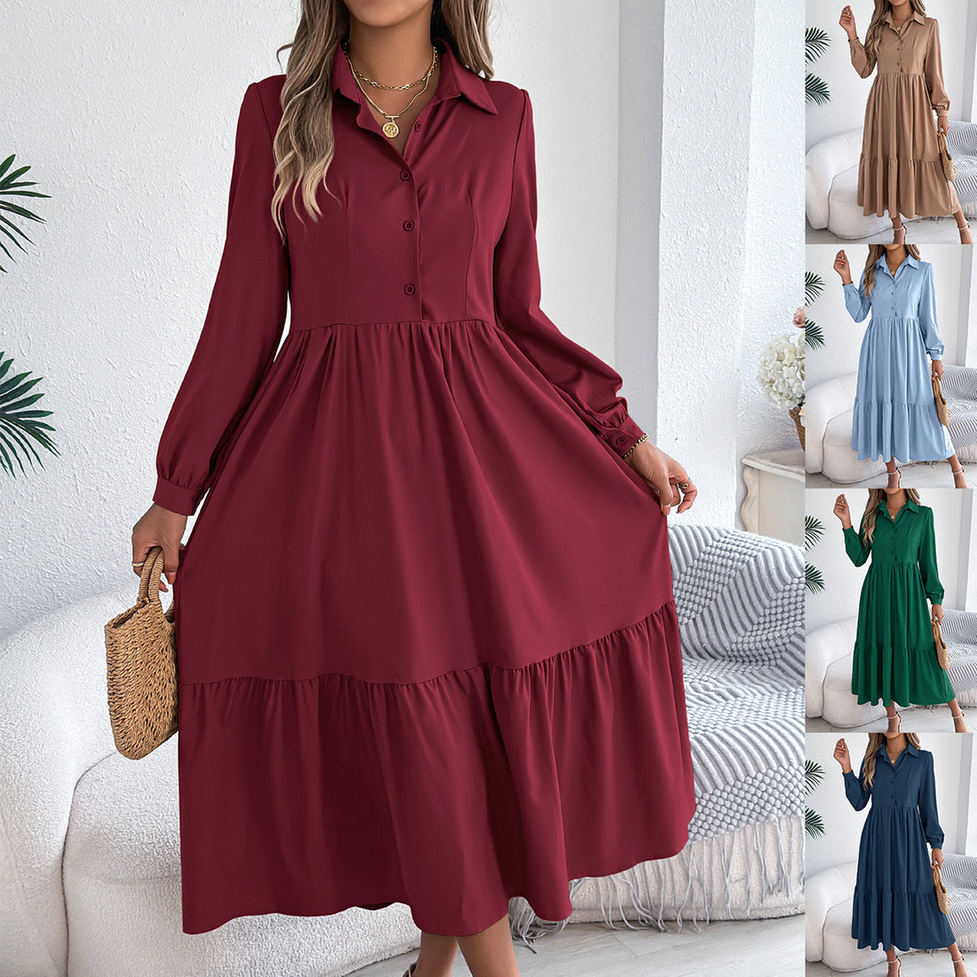 Lapel Casual Loose Long Sleeve Ruffled Shirt Dress