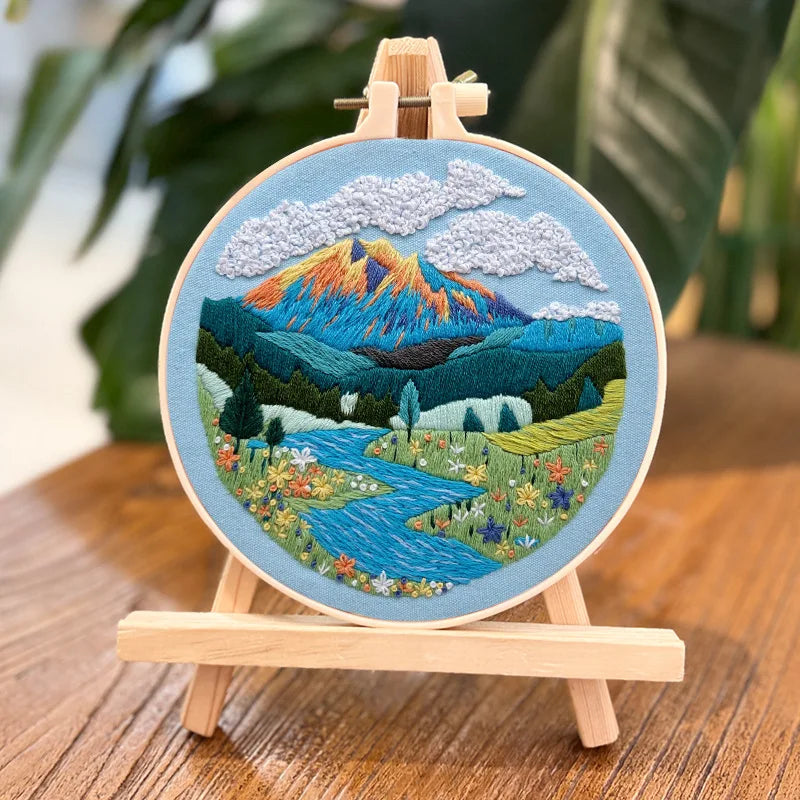 DIY Landscape Embroidery Kit with Printed Pattern and Plastic Hoop