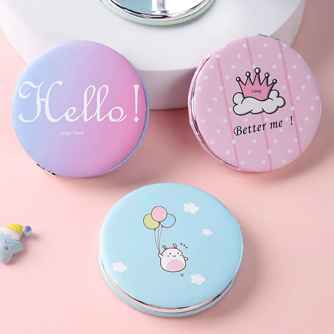 Portable Cute Cartoon Print Foldable Makeup Mirror - 2-Sided Travel Pocket Mirror