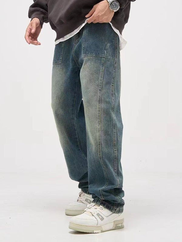 American Retro Washed Distressed Draping Jeans