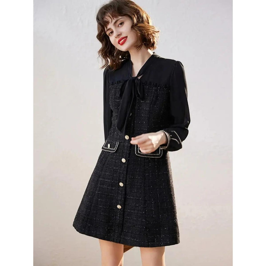 Elegant Bow Lace-up Long Sleeve V-Neck A-Line Dress