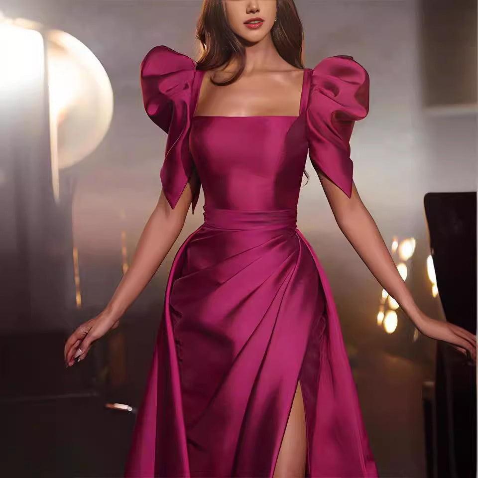 Rose Red Satin Slit Evening Dress