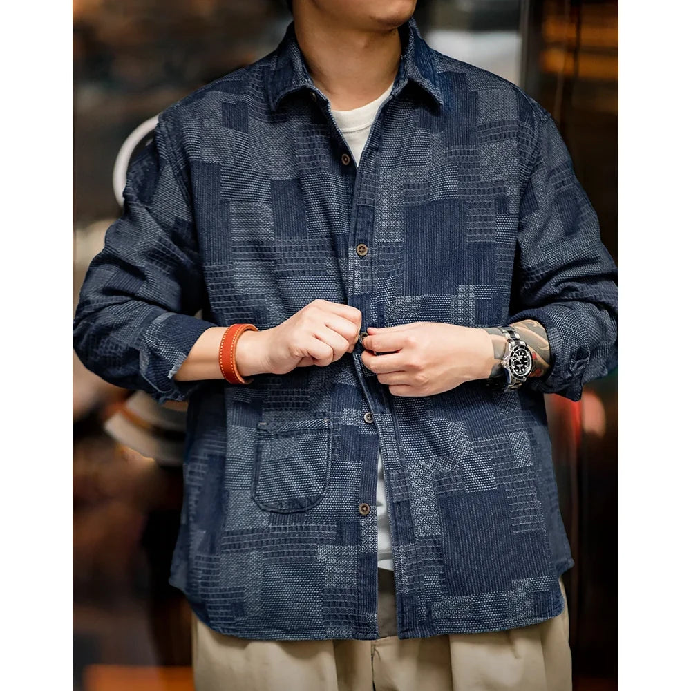 American Retro Jacquard Splicing Denim Shirt