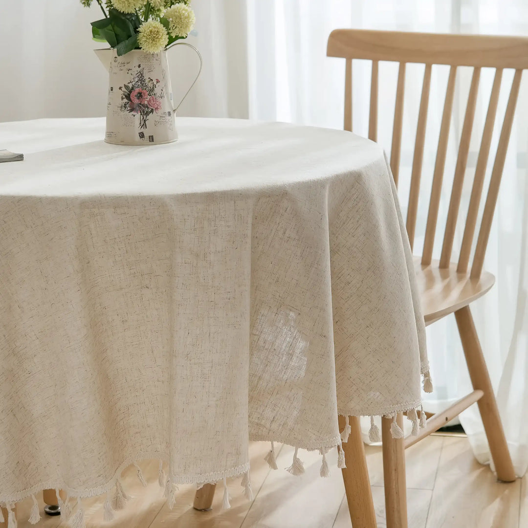 Elegant Cotton-Linen Blend Round Tablecloth with Tassels