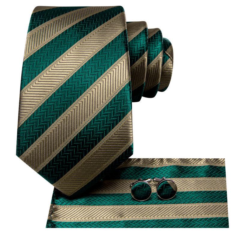 Elegant Green Striped Men's Silk Necktie Set