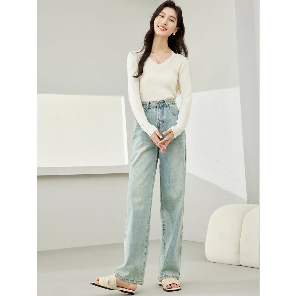 High Waist Wide Leg Denim Pants for Women - Retro Light Blue Casual Trousers