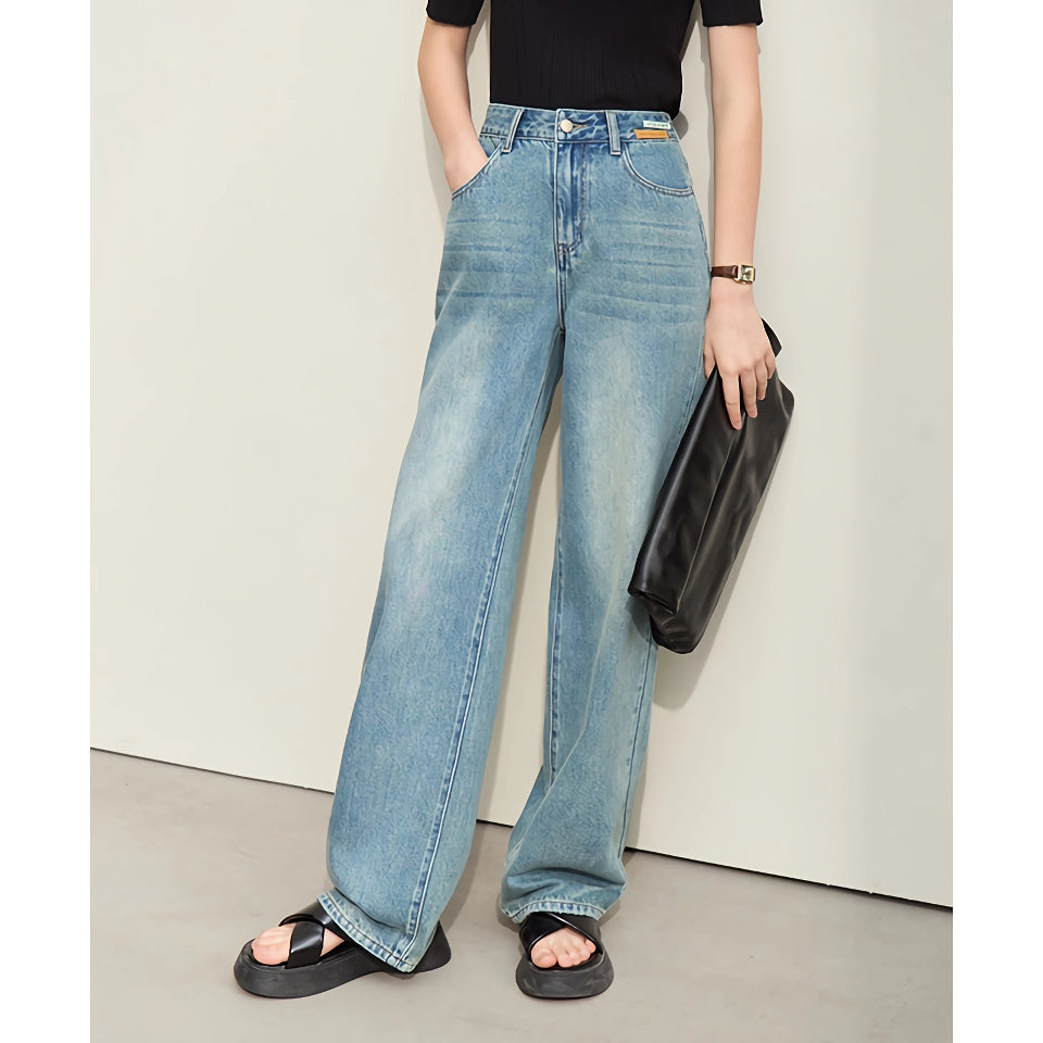 Minimalist Retro Wide-Leg Jeans with Leather Plate Decoration