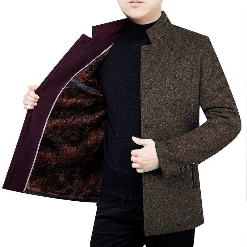 Middle-aged Men's Woolen Coat Velvet Stand Collar Dad Wear Autumn And Winter Fleece Padded