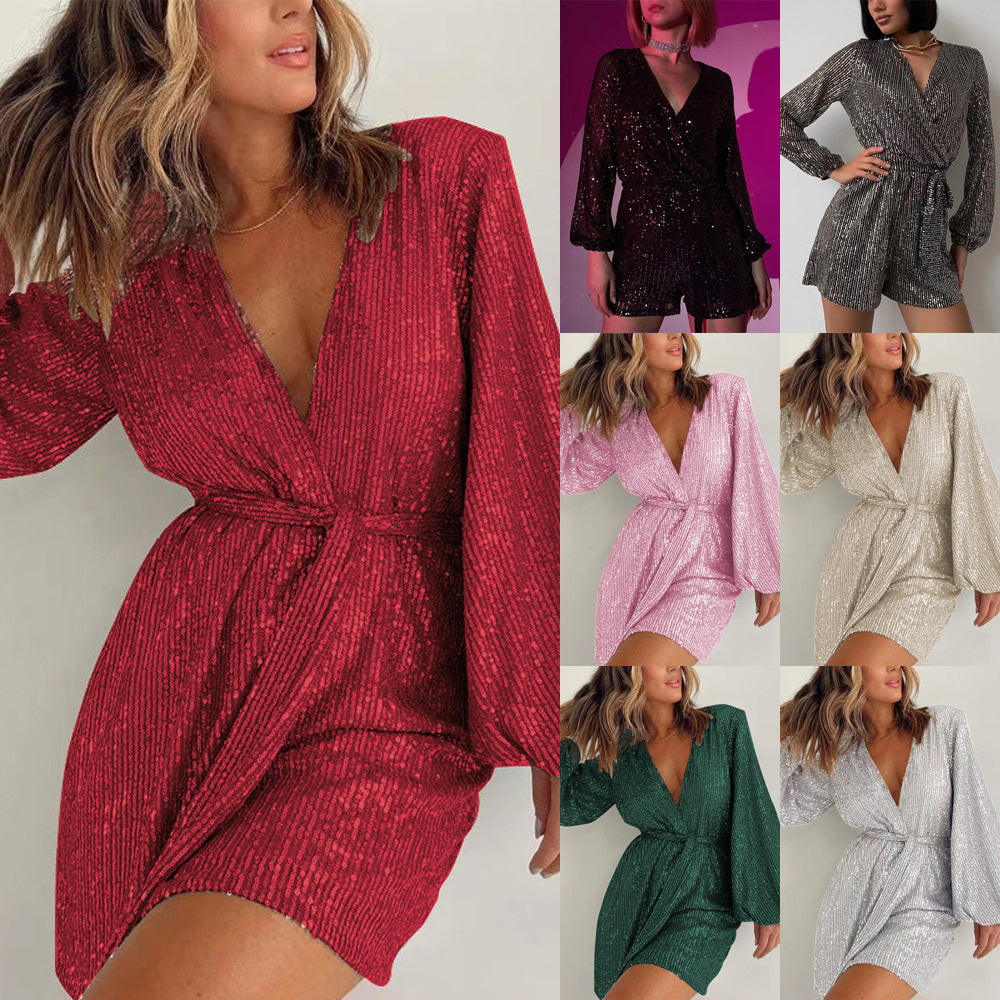 Long-Sleeve Sequin Wrap-Front Romper