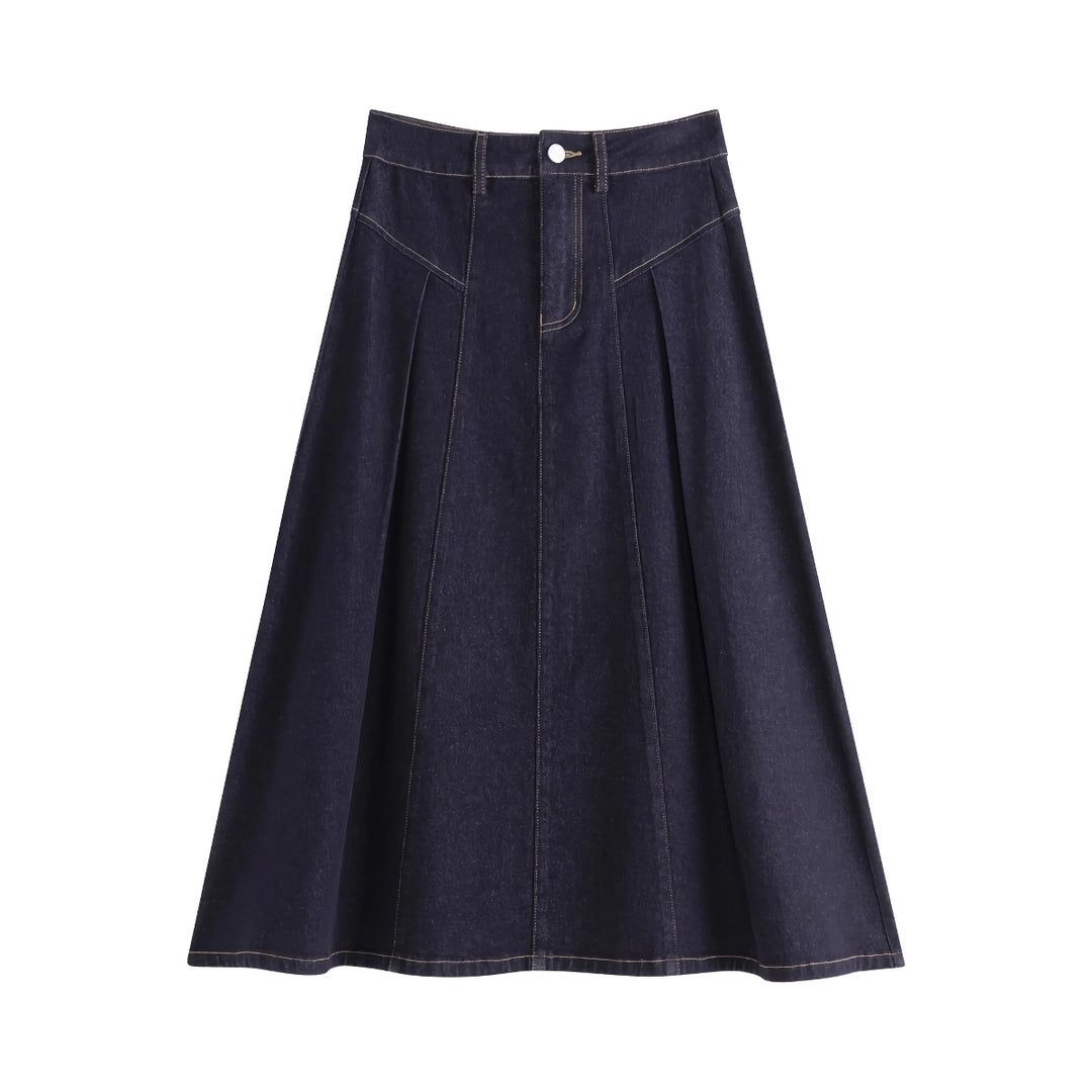 Elegant High Waist Dark Denim A-Line Midi Skirt for Women