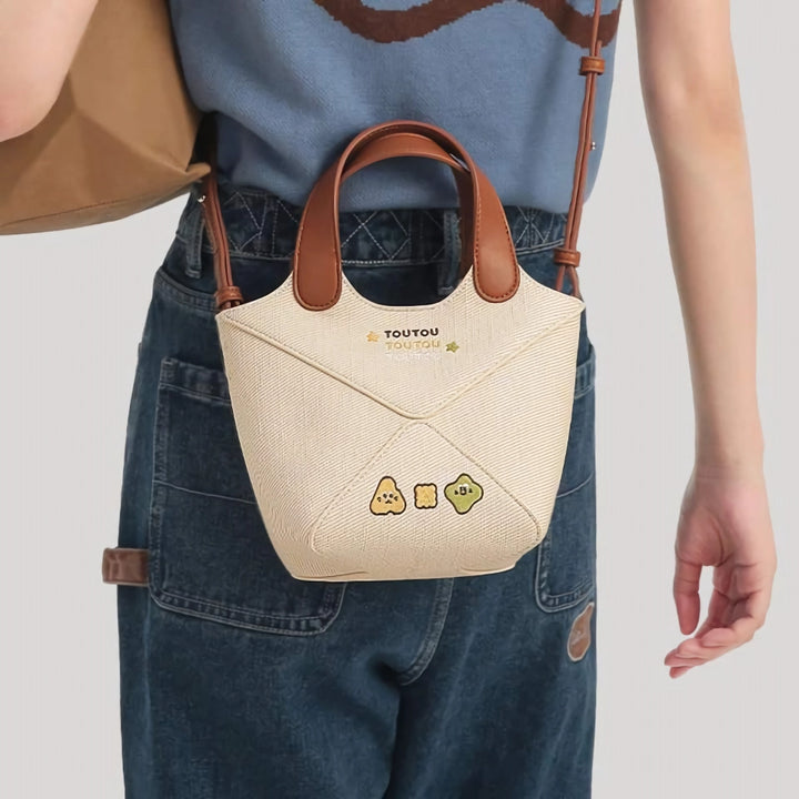 Charming Canvas Bucket Bag with Embroidered Cheese Design