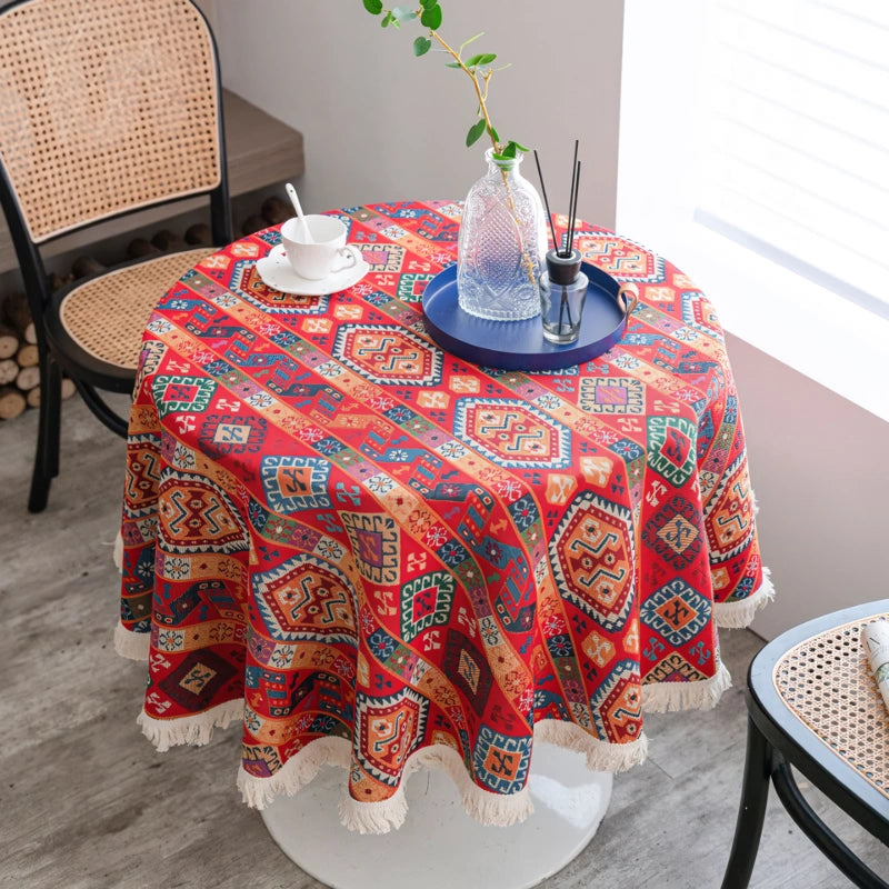 Round Jacquard Red Tablecloth