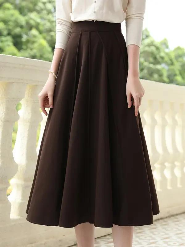 Elegant Brown High Waist A-Line Pocket Skirt