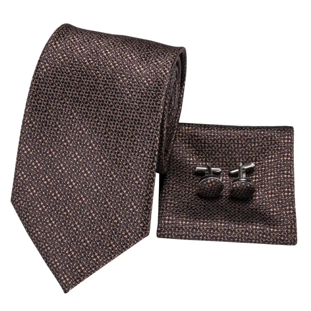 Elegant Silk Brown Necktie Set with Pocket Square & Cufflinks