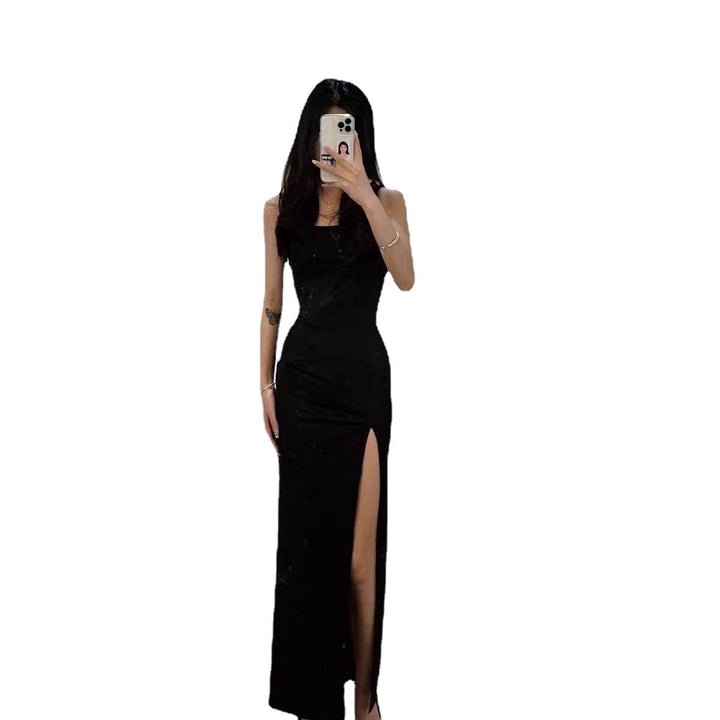 Young Hot Girl Pure Desire Style Design Sense Adult Lady Like Woman Black Slit Hip Dress