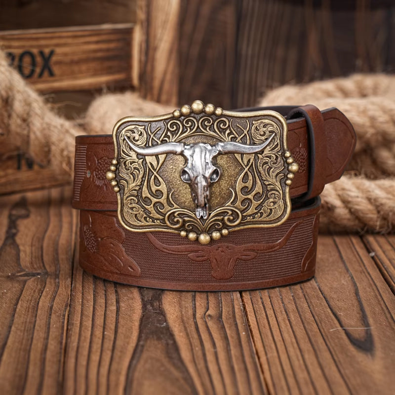 Western Cowboy PU Leather Belt with Bull Decoration and Floral Engraving