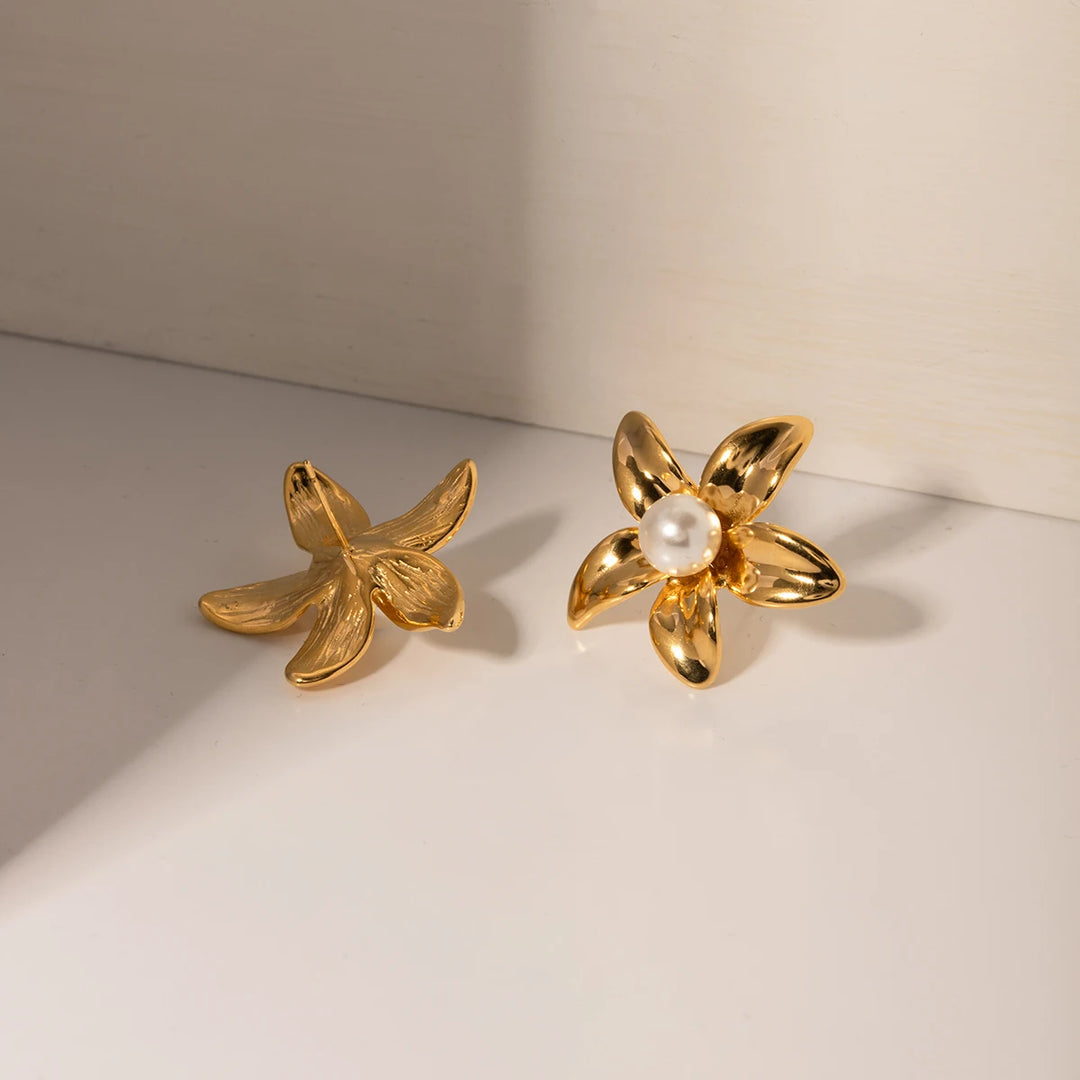 18K Gold Flower Shaped Stainless Steel Earrings with Pearl Inlay