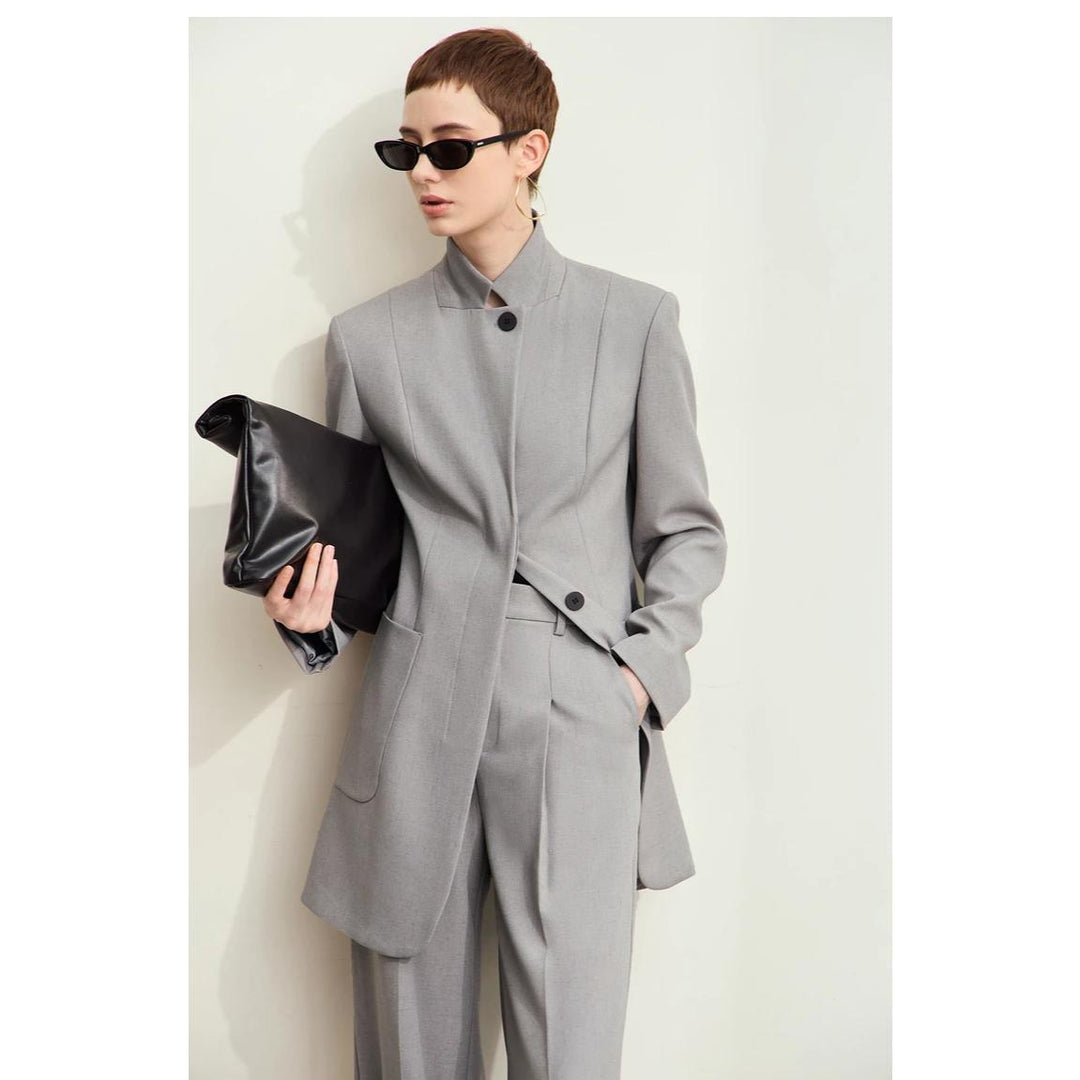 Women's Autumn Slim Tailored Coat with Stand Collar and Shoulder Pads