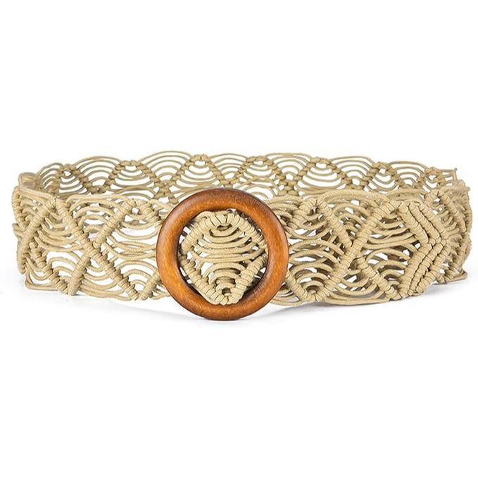 Boho Beach Woven Belt with Round Wooden Buckle