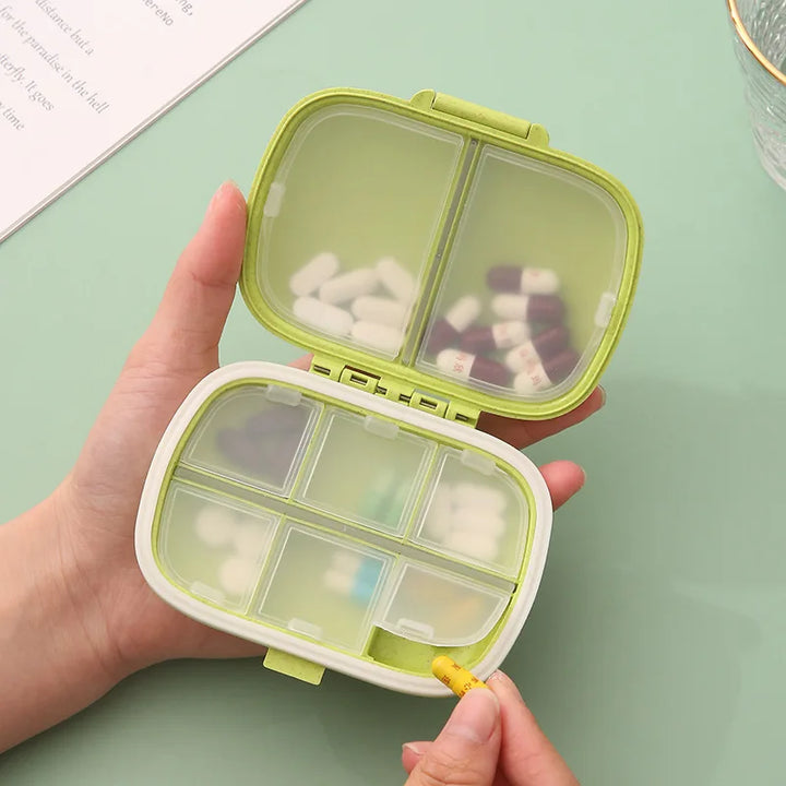 8-Grid Travel Pill Box Organizer with Seal Ring – Wheat Straw Medicine Container