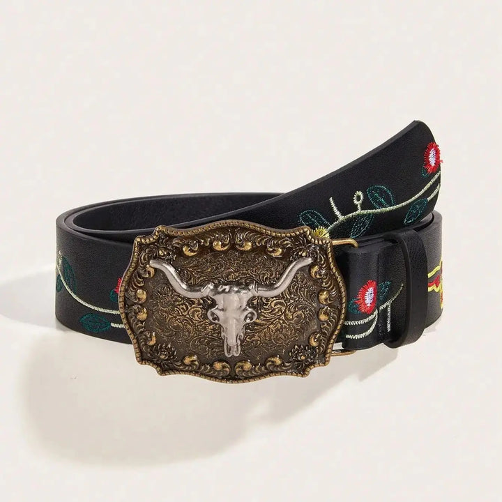 Vintage Western Cowboy Buckle Printed PU Leather Belt