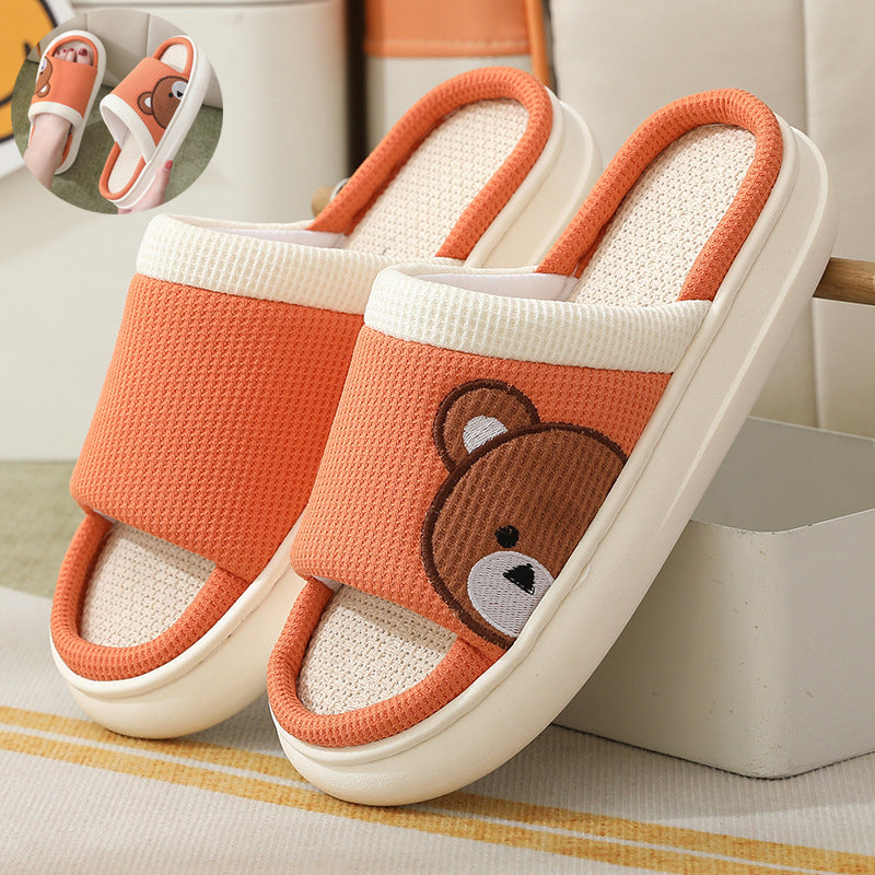 Bear-Detail Cotton-Linen House Slippers
