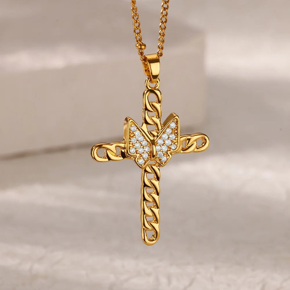 Butterfly and Cross Pendant Necklace