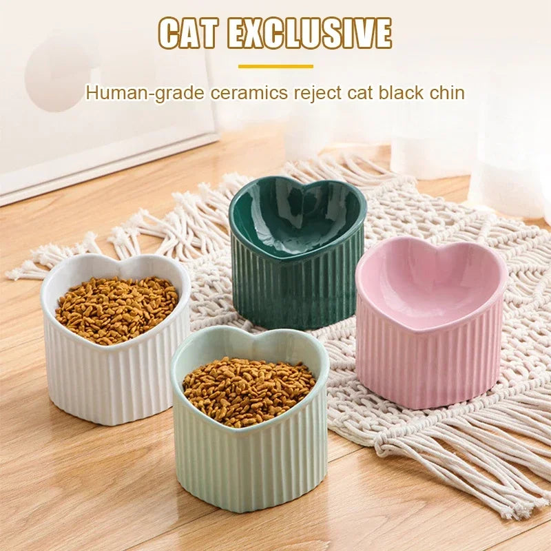 Ceramic Tilted Elevated Heart-Shaped Cat Bowl