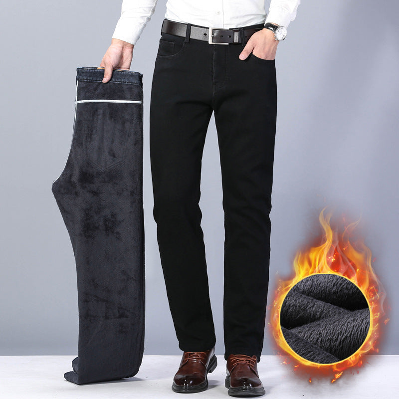 Winter Black Jeans Men's Fleece-lined Thickened