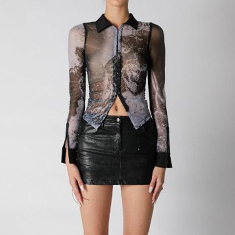 Abstract Printed Mesh Shirt With Lapel Metal Buckle - Trendha