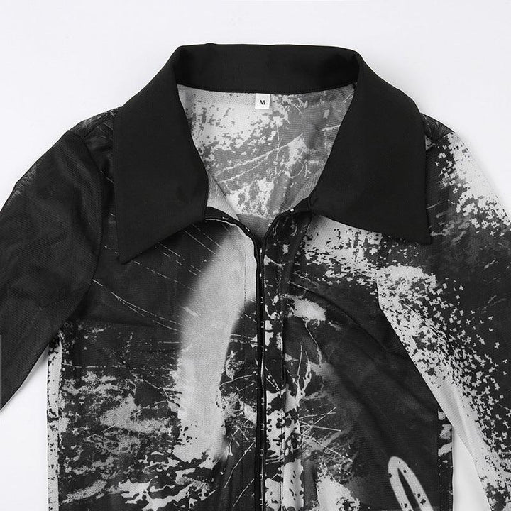 Abstract Printed Mesh Shirt With Lapel Metal Buckle - Trendha