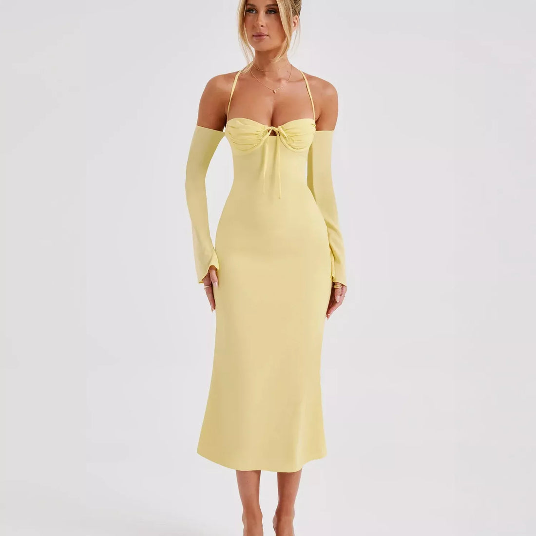Yellow Lace-Back Bodycon Midi Dress
