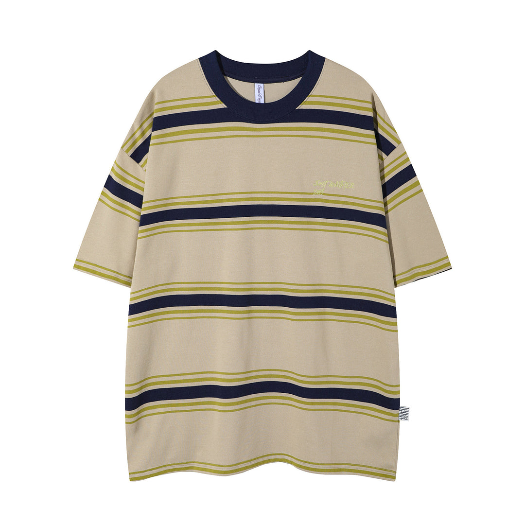 Vintage Stripe Round Neck T-shirt Men's Loose Preppy Style Couple All-match Fashion Half Sleeve Shirt