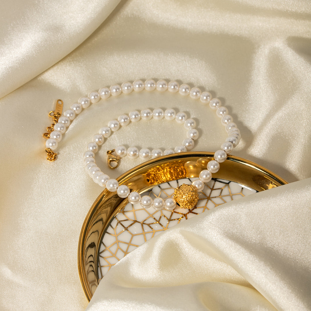 Gold Plated Stainless Steel Pearl Flower Ball Bracelet