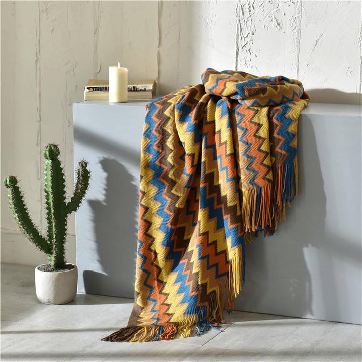 Colorful Zigzag Knit Throw Blanket with Tassel Fringe – Soft &amp; Lightweight for Couch, Bed, or Travel