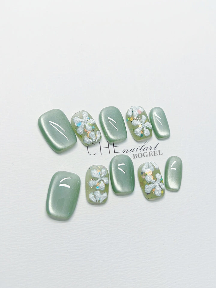 Hand-worn Nail Green Cat's Eye Three-dimensional Embossed Flowers