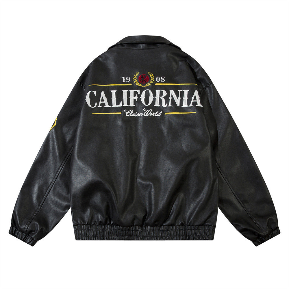 Men's American Embroidery Letters Motorcycle Clothing PU Leather Jacket Coat