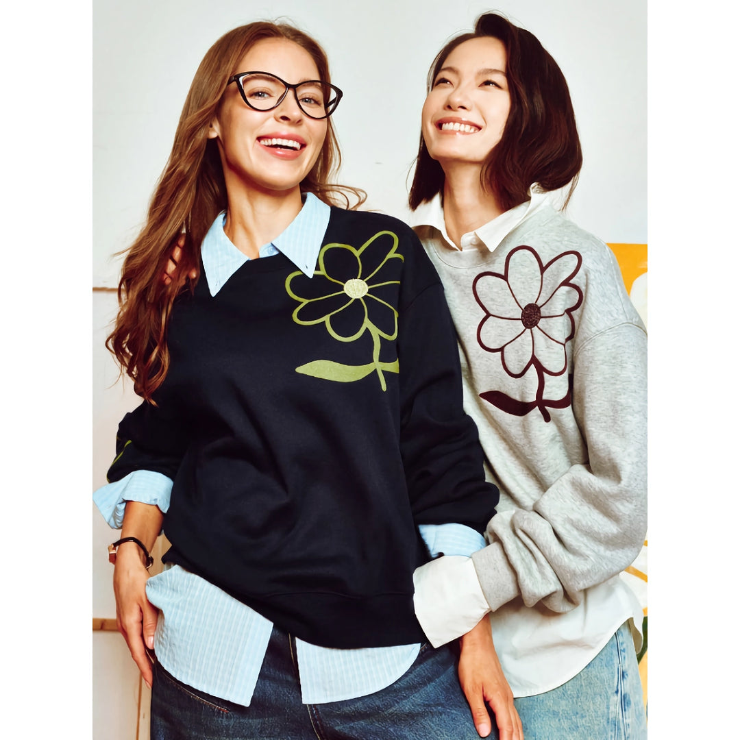 Women’s Floral Round Neck Pullover - Cozy Fleece Sweatshirt