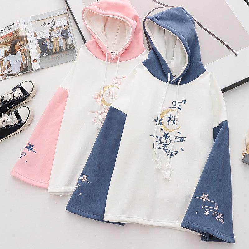 Alphabet Color Matching Sleeves And Velvet Padded Hooded Sweater Women - Trendha