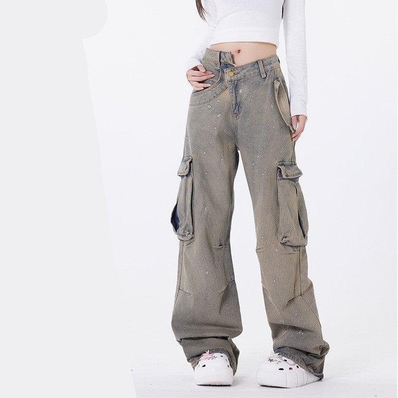 American Street Fashion Retro Easy Matching Washed Cargo Pocket Denim Trousers - Trendha