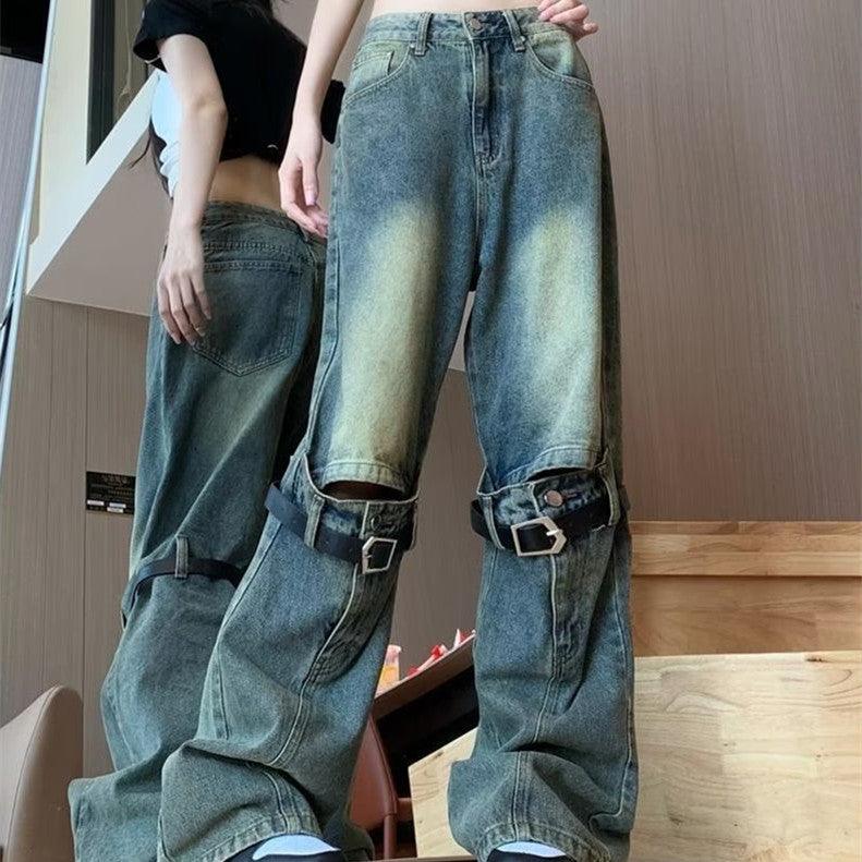 American Washed Distressed Belt Decorative Ripped Jeans - Trendha