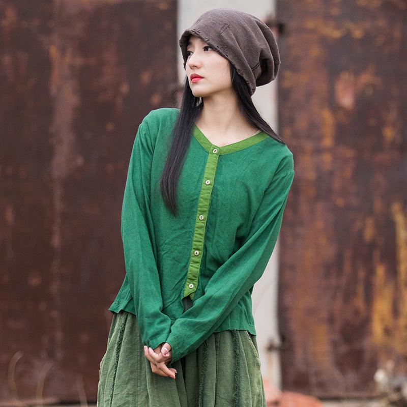 Artistic Retro Contrast Color Design Cotton And Linen New Round Neck Loose Shirt - Trendha